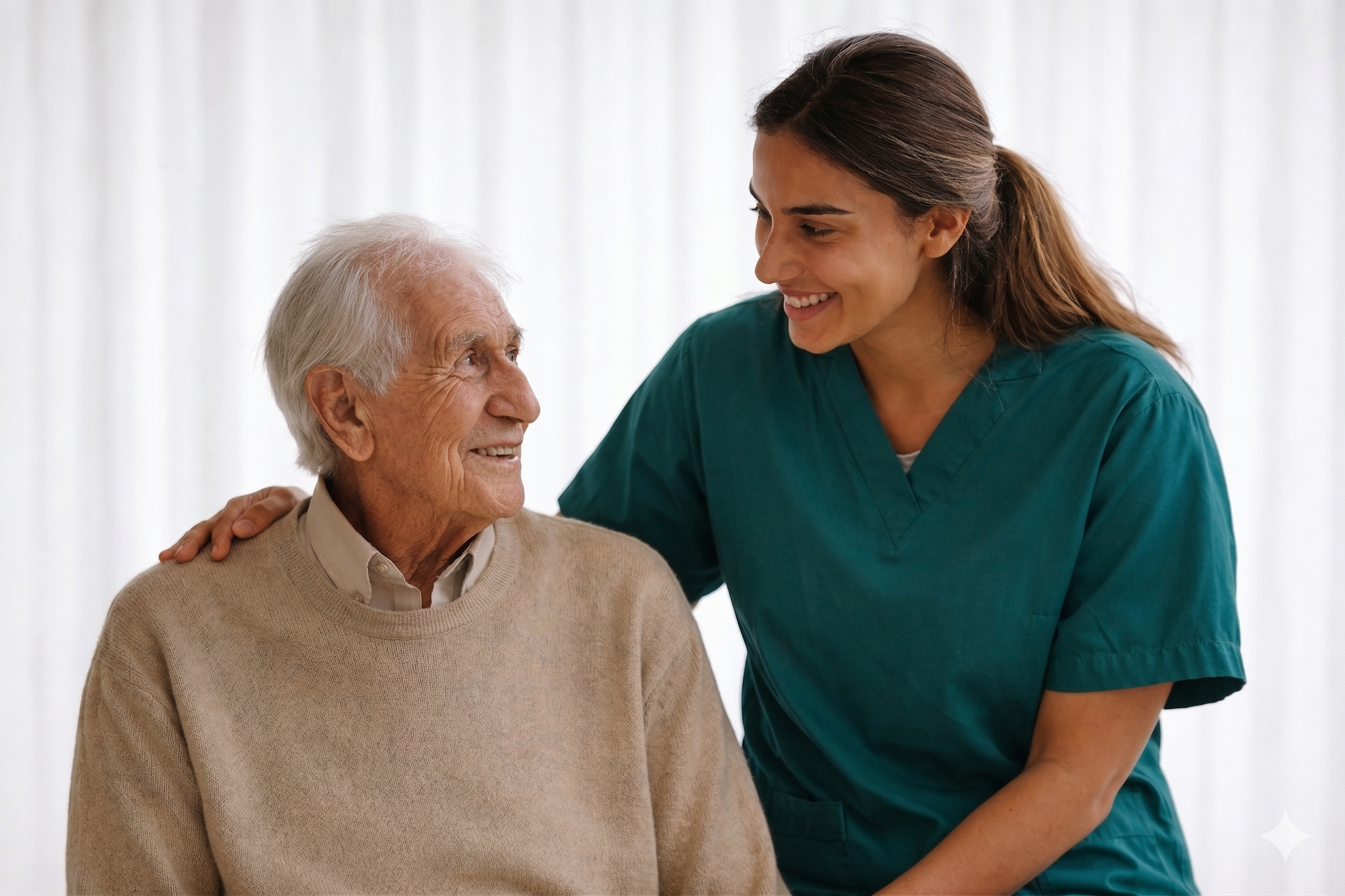 Cuidadora com idosa sorrindo